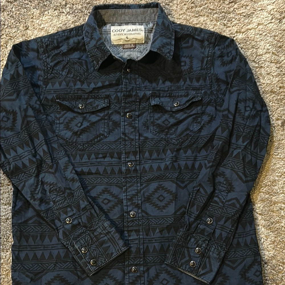 Blue and Black Geometric Button Down Shirt